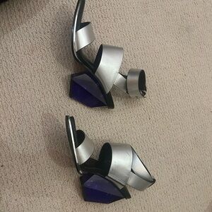 Silver Women's Sandals with Unique Purple Heel